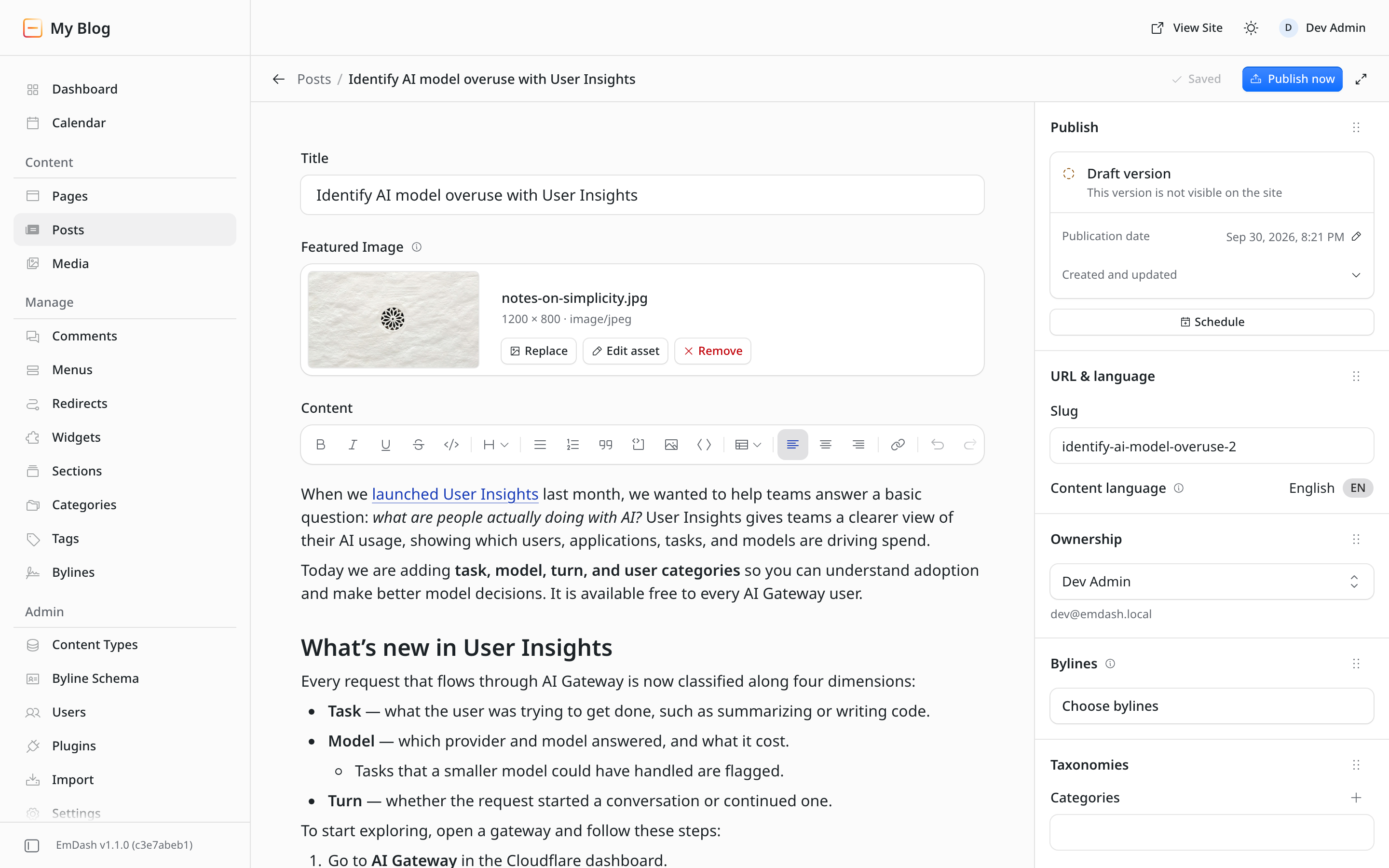 The post editor: a single top bar with the Posts breadcrumb, entry title, Saved status and Publish now, then the Title field, featured image, formatting toolbar and frameless body text