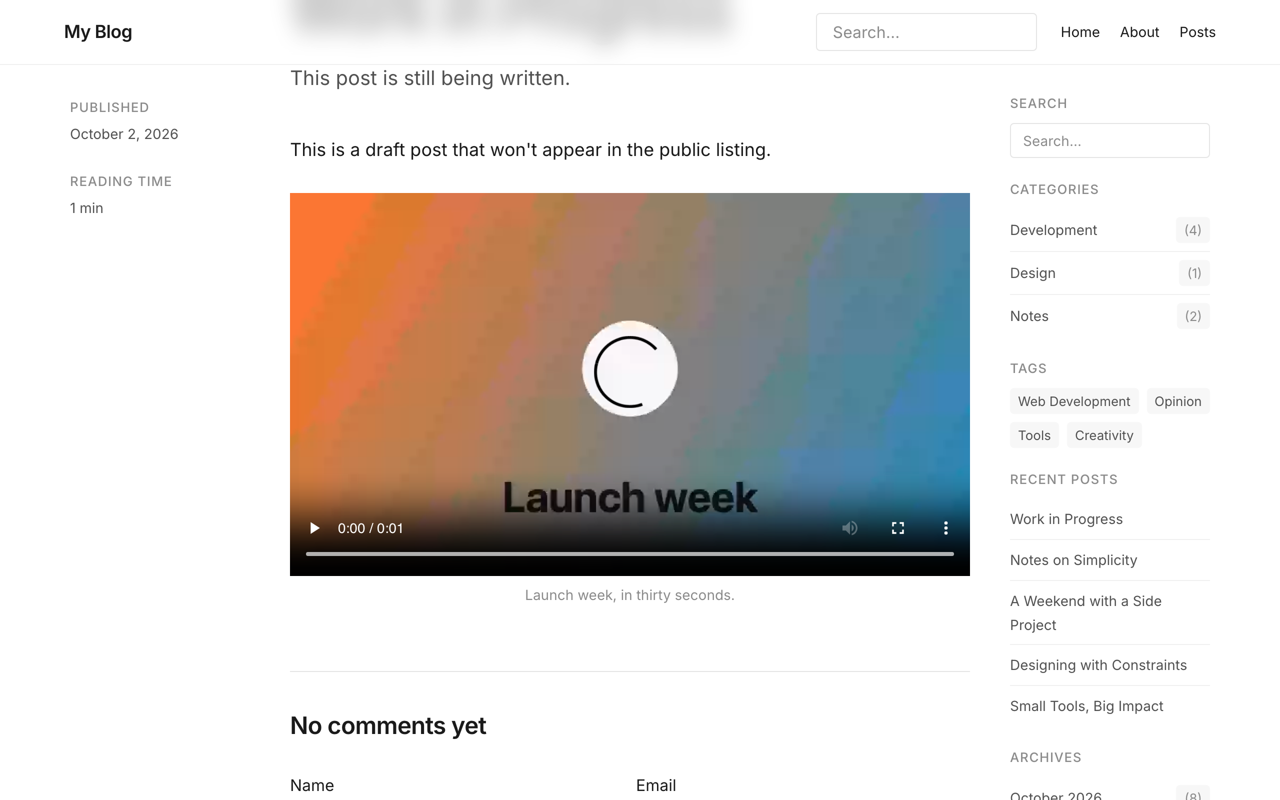 A published post on an EmDash site showing a full-width native video player with controls and the caption "Launch week, in thirty seconds." below it