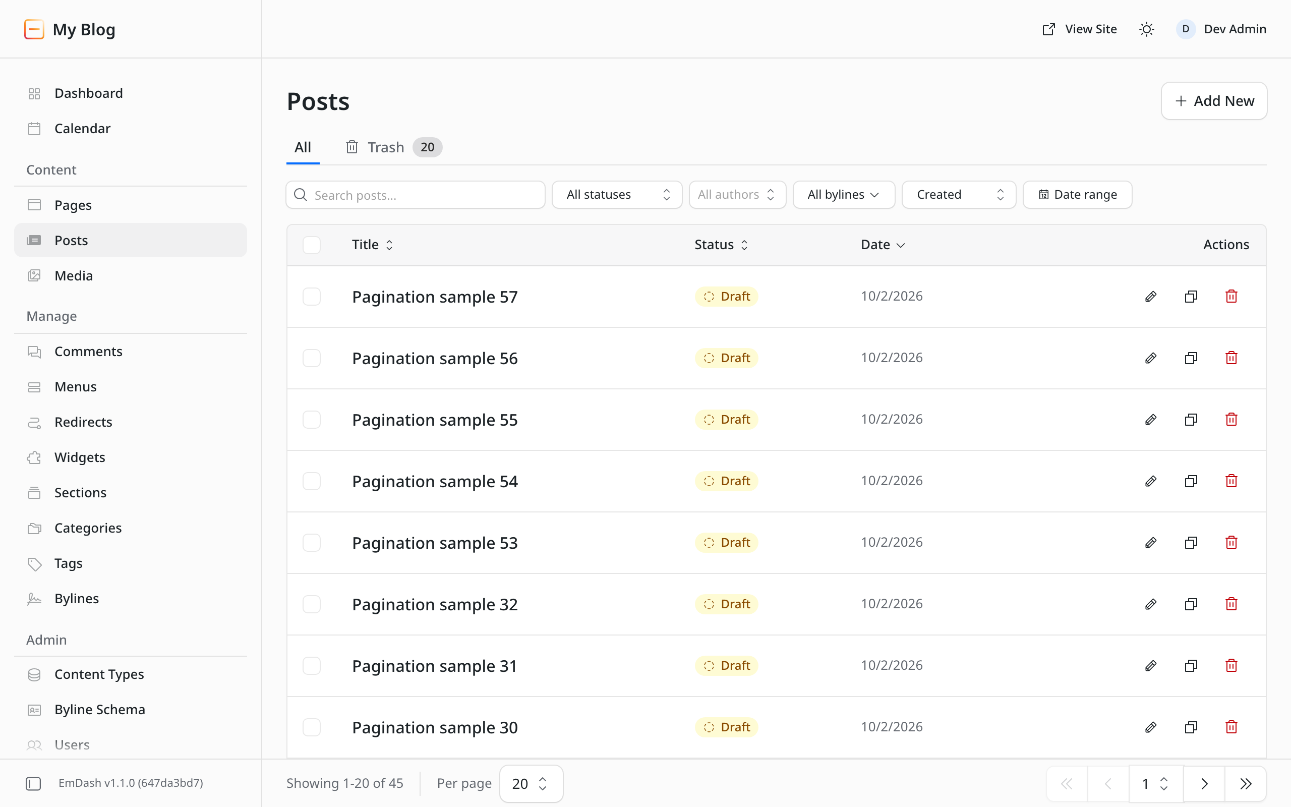 The Posts list with a pagination footer pinned to the bottom of the screen, showing "Showing 1-20 of 45", a Per page select set to 20, and first, previous, page number, next and last controls