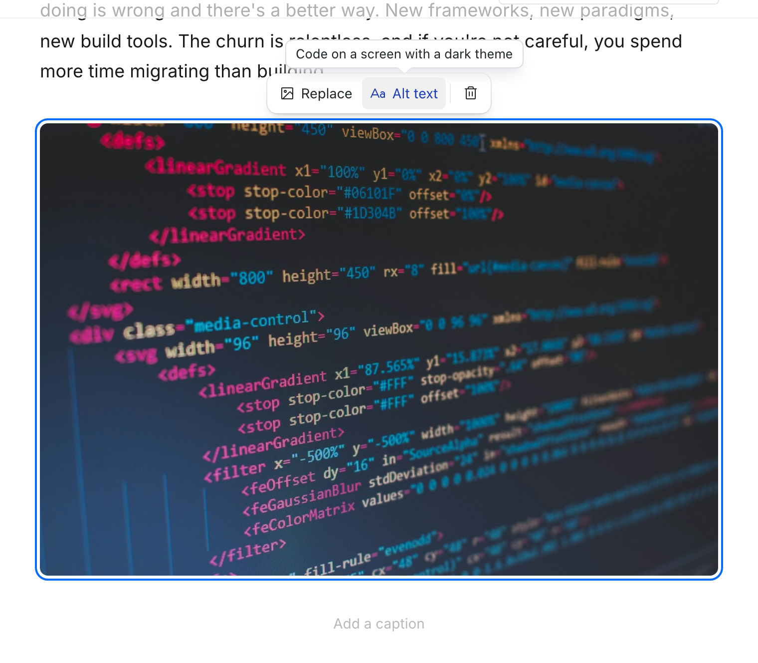 A selected image on the page with a toolbar above it holding Replace, Alt text and Delete, the alt text shown as a tooltip, and "Add a caption" under the image