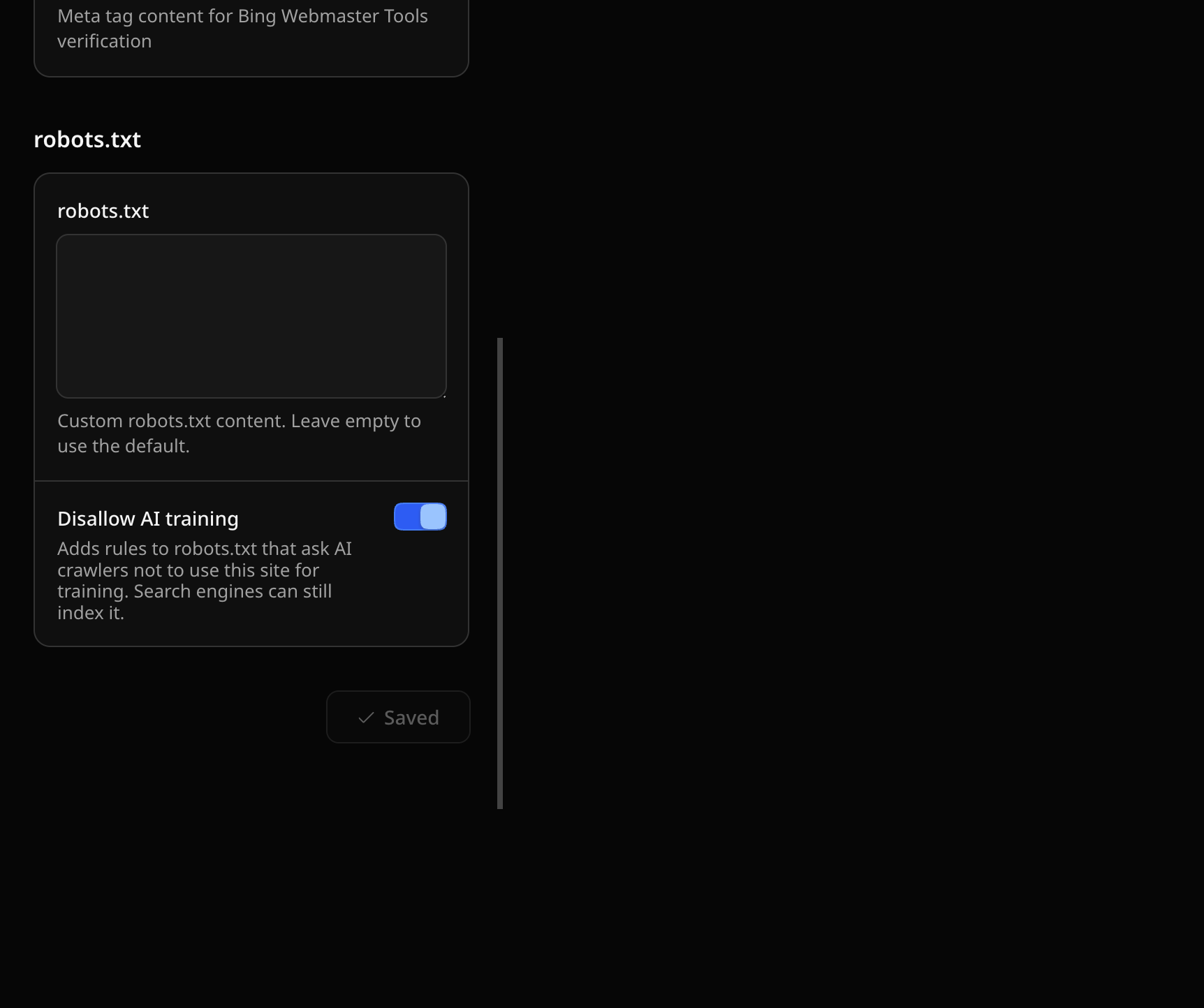 The robots.txt section of Settings > SEO in dark mode, with an empty custom robots.txt field and the Disallow AI training switch turned on, with help text saying search engines can still index the site