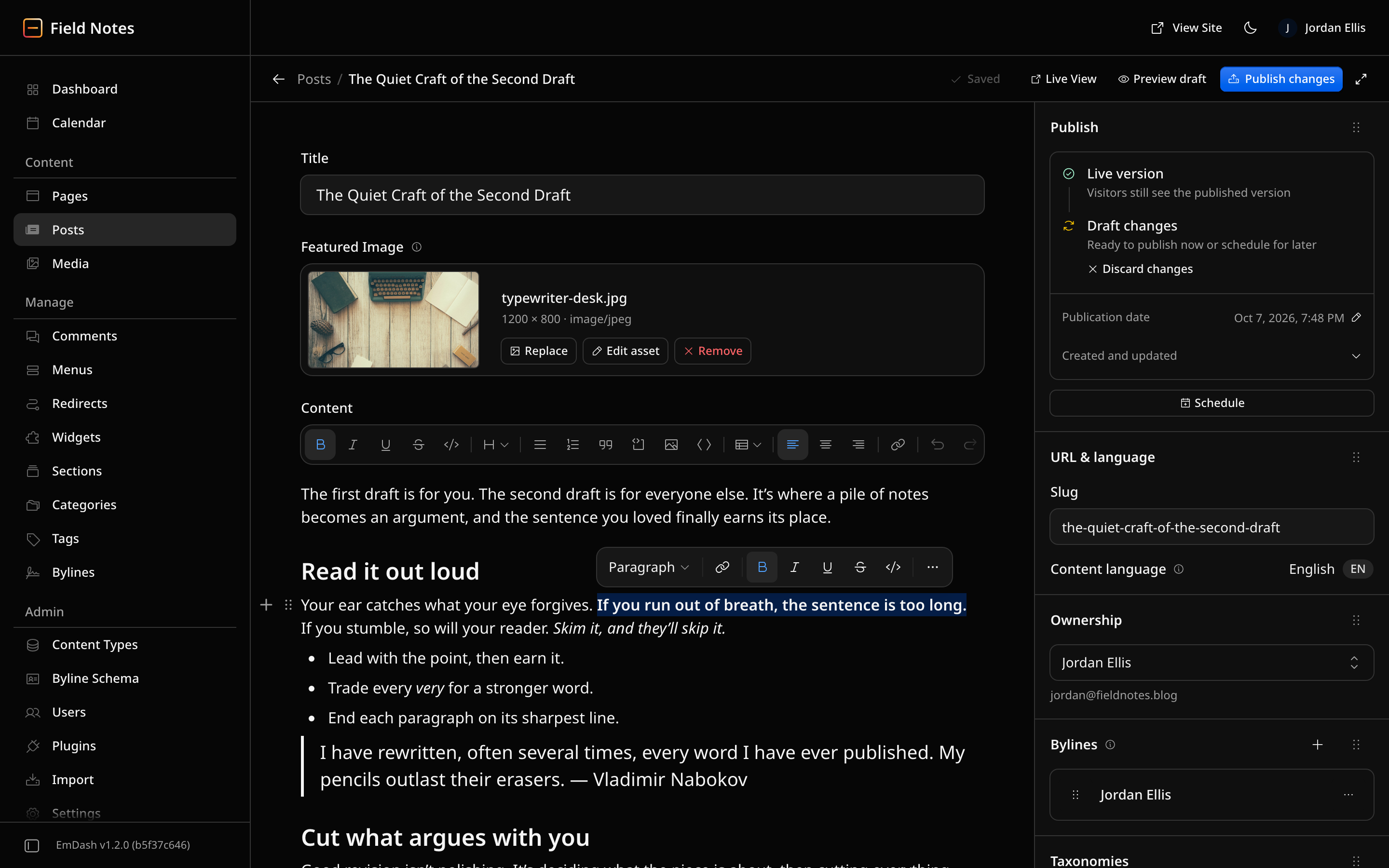 EmDash post editor with a sentence selected under the floating formatting toolbar, and draft changes ready to publish