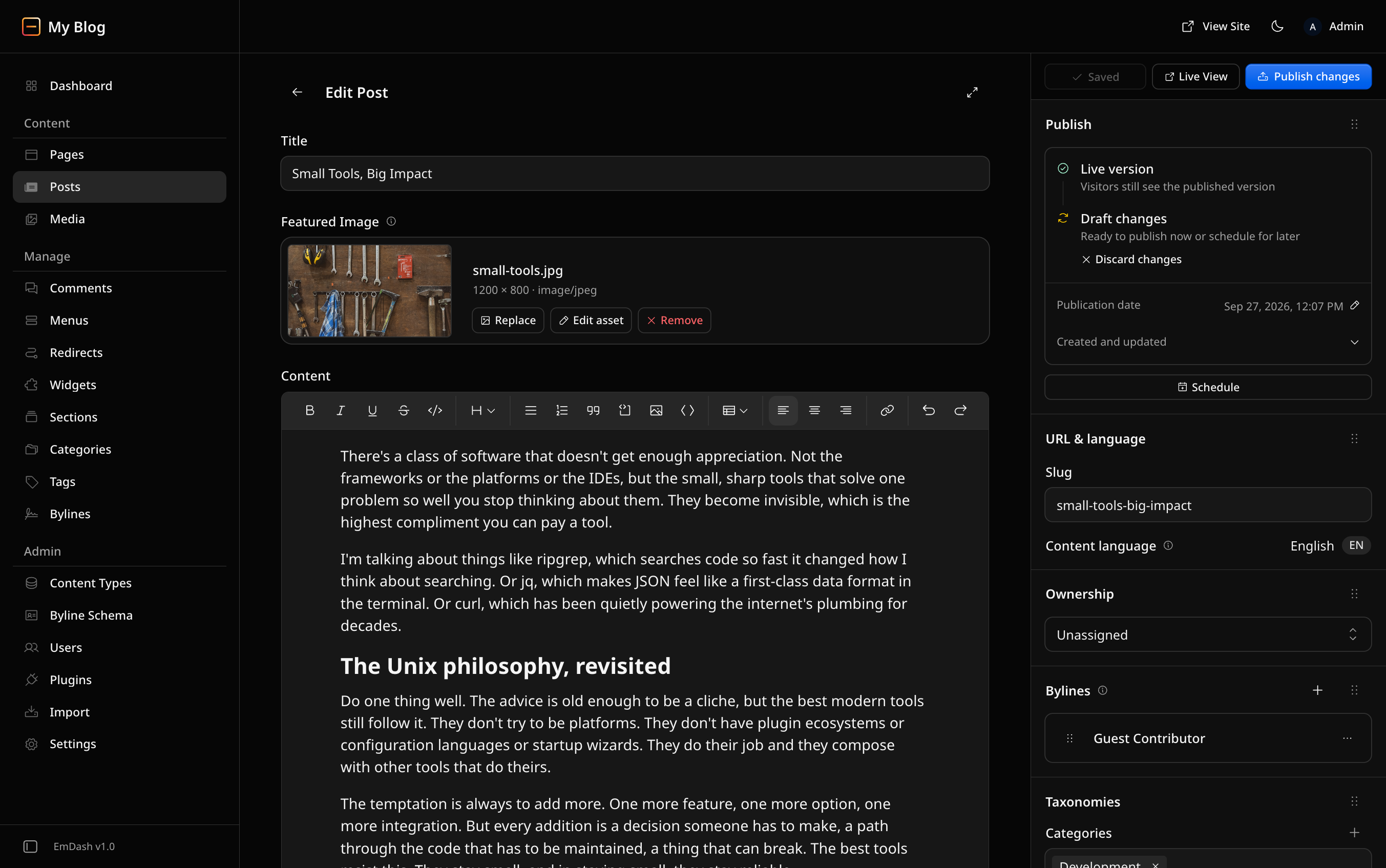 EmDash post editor with draft content and publishing controls