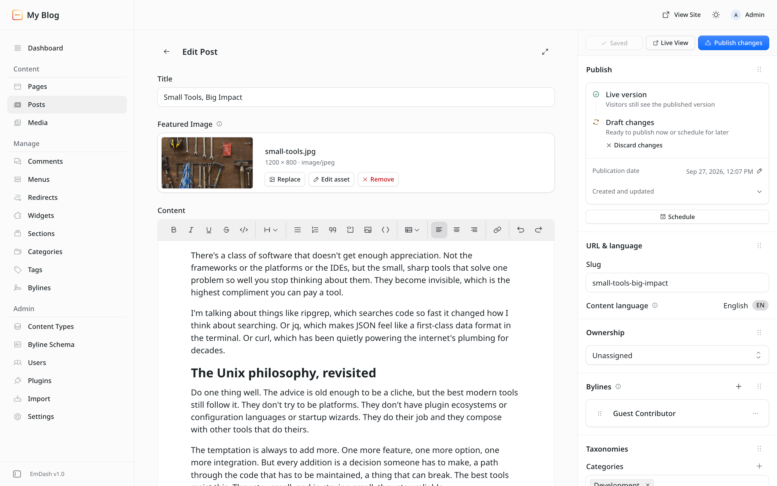 EmDash post editor with draft content and publishing controls