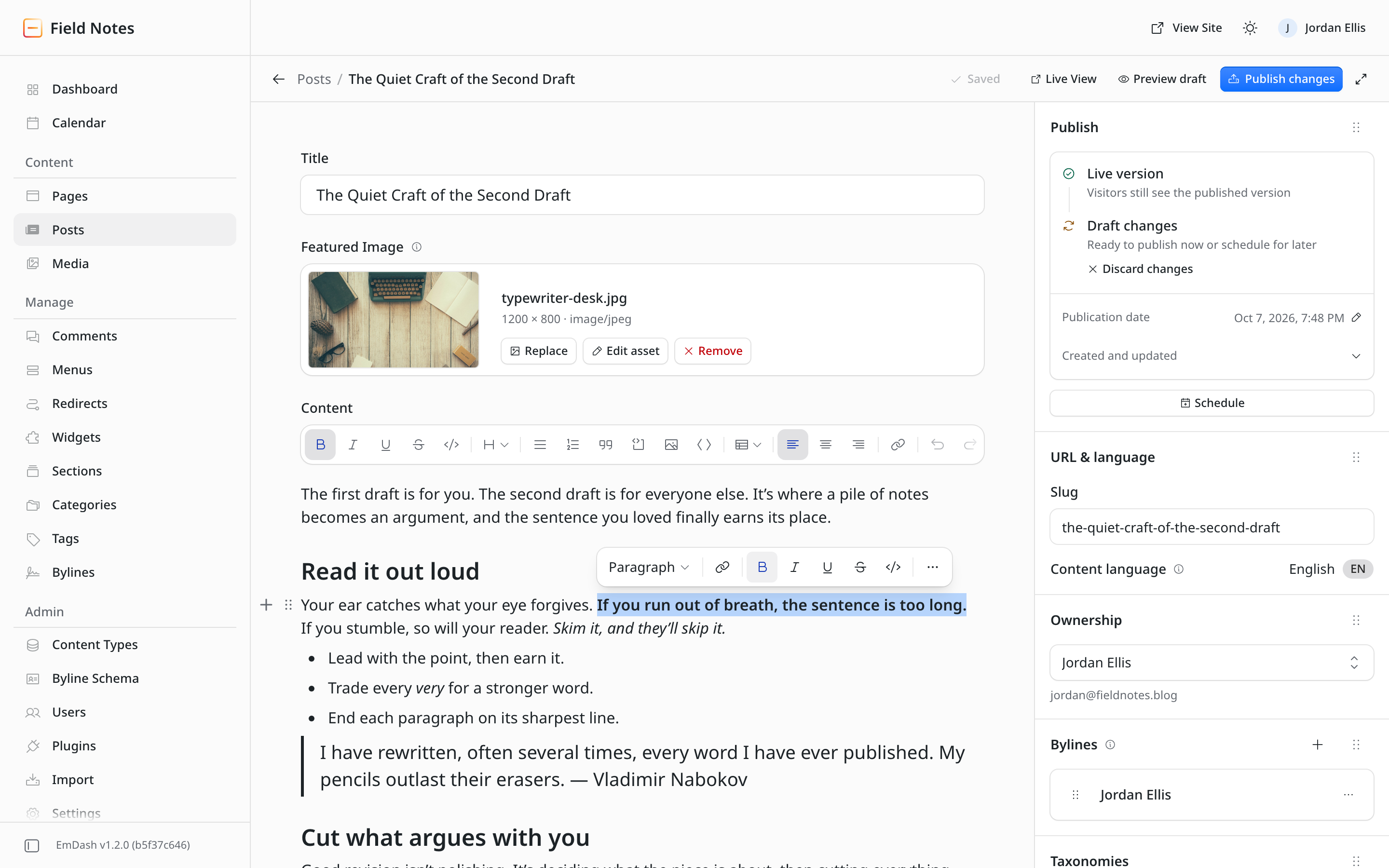 EmDash post editor with a sentence selected under the floating formatting toolbar, and draft changes ready to publish