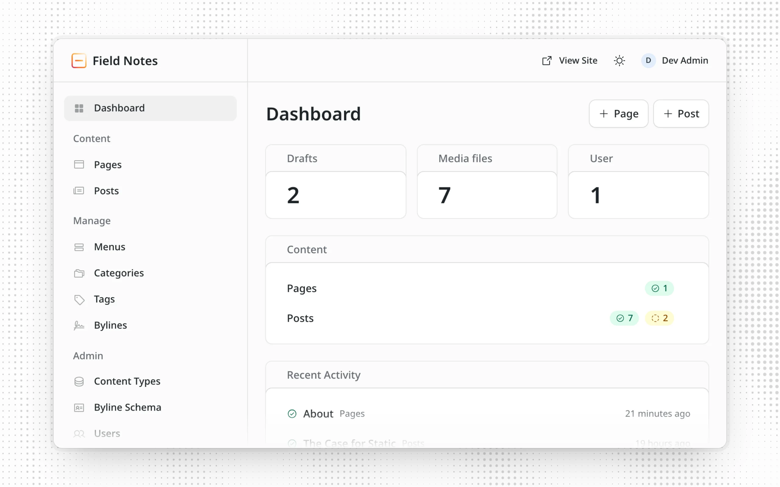 The admin dashboard with Calendar, Media, Comments, Redirects, Widgets and Sections hidden: the sidebar lists Pages, Posts, Menus and the Admin section, and there is no Upload Media button