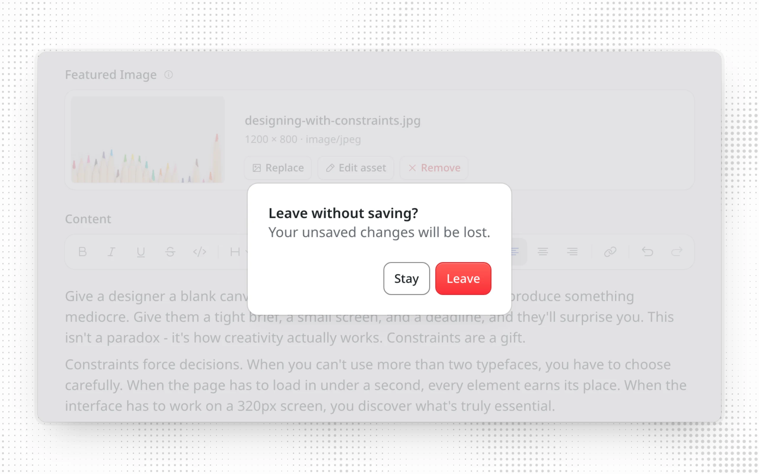 The post editor behind a dialog titled "Leave without saving?", which says your unsaved changes will be lost, with Stay and Leave buttons