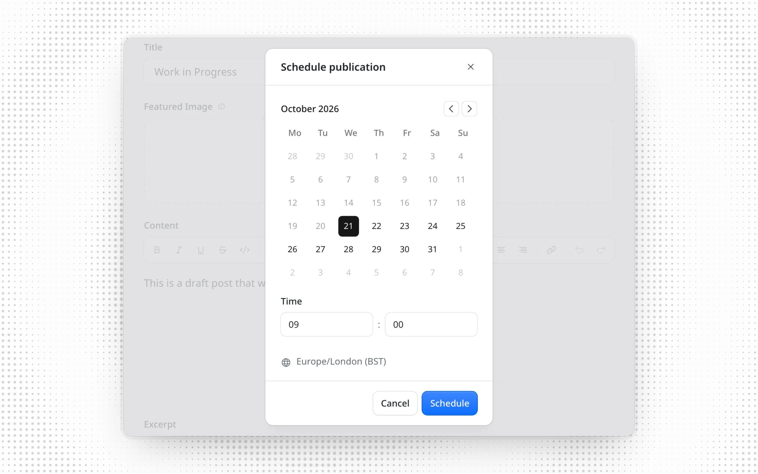 The Schedule publication dialog with 21 October selected and 09:00 filled in